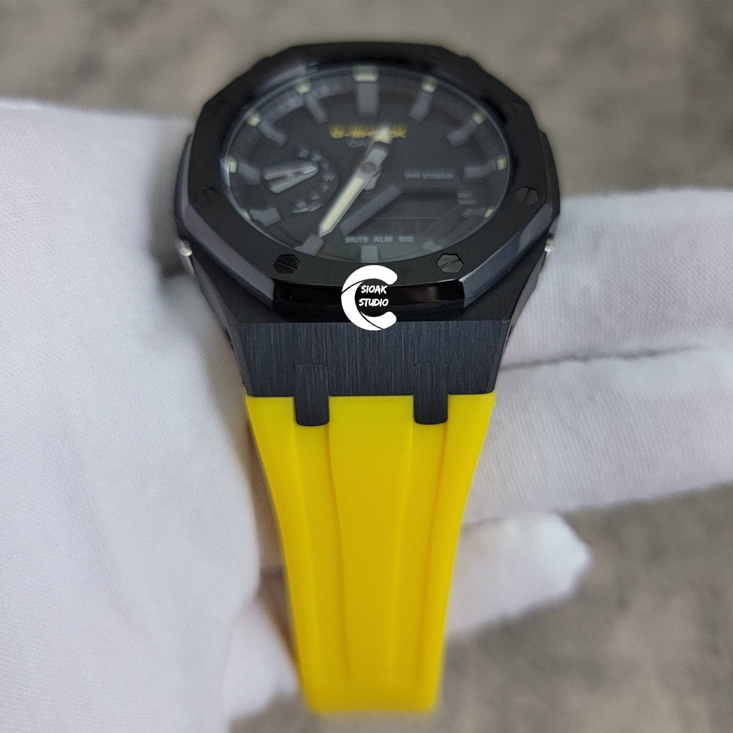 Casioak Mod Watch Black Case Yellow Rubber Strap Black Gray Time Mark Black Dial 44mm- Casioak Mod Casio G-Shock Royal Oak Custom Mens Luxury Watches Ga2100