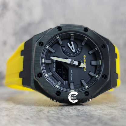 Casioak Mod Watch Black Case Yellow Rubber Strap Black Gray Time Mark Black Dial 44mm- Casioak Mod Casio G-Shock Royal Oak Custom Mens Luxury Watches Ga2100