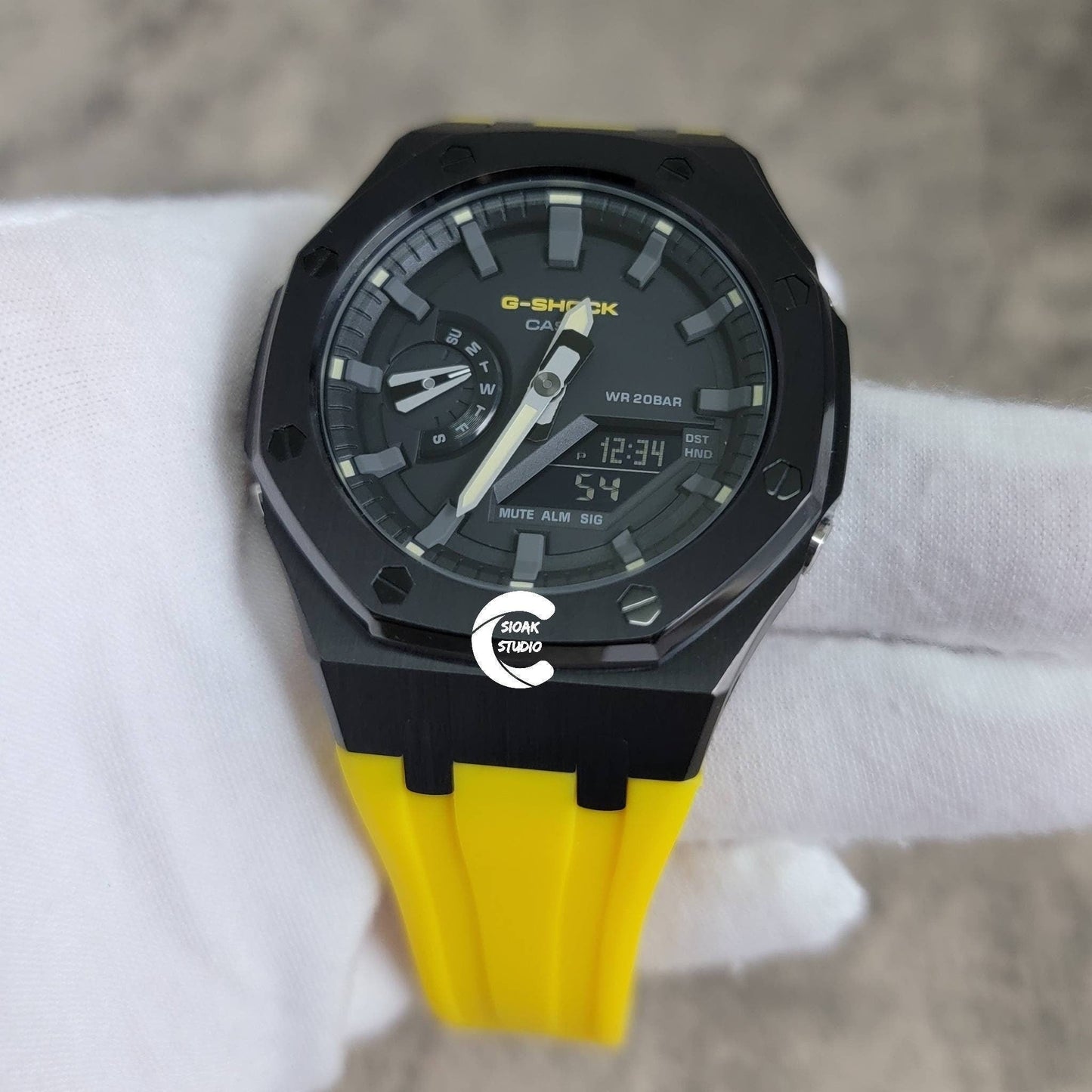 Casioak Mod Watch Black Case Yellow Rubber Strap Black Gray Time Mark Black Dial 44mm- Casioak Mod Casio G-Shock Royal Oak Custom Mens Luxury Watches Ga2100