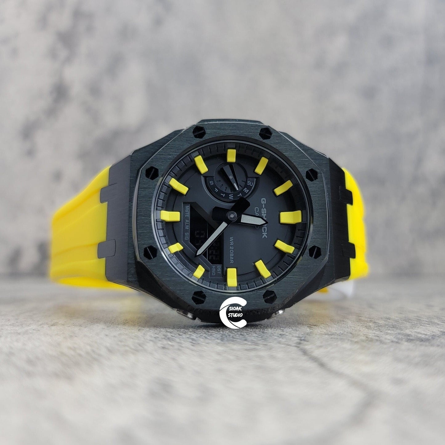 Casioak Mod Watch Black Case Yellow Rubber Strap Black Yellow Time Mark Black Dial 44mm- Casioak Mod Casio G-Shock Royal Oak Custom Mens Luxury Watches Ga2100