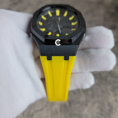 Casioak Mod Watch Black Case Yellow Rubber Strap Black Yellow Time Mark Black Dial 44mm- Casioak Mod Casio G-Shock Royal Oak Custom Mens Luxury Watches Ga2100