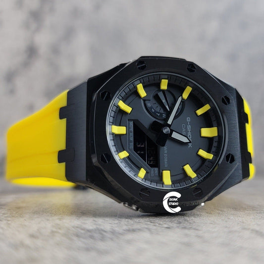 Casioak Mod Watch Black Case Yellow Rubber Strap Black Yellow Time Mark Black Dial 44mm- Casioak Mod Casio G-Shock Royal Oak Custom Mens Luxury Watches Ga2100