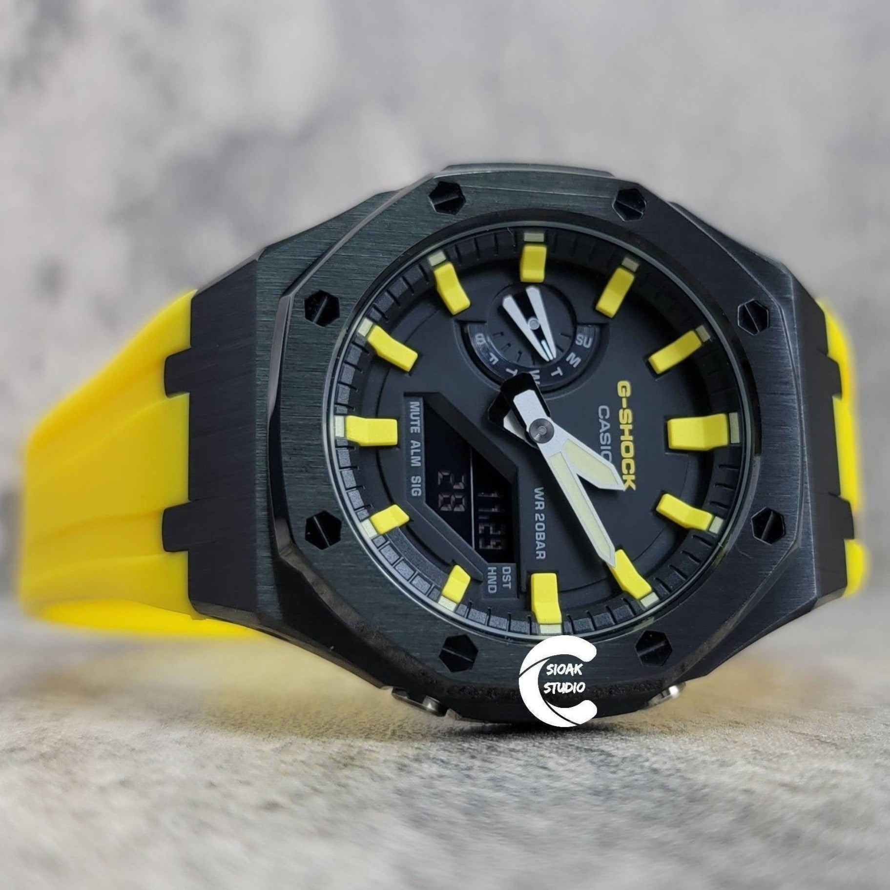 Casioak Mod Watch Black Case Yellow Rubber Strap Black Yellow Time Mark Black Dial 44mm- Casioak Mod Casio G-Shock Royal Oak Custom Mens Luxury Watches Ga2100