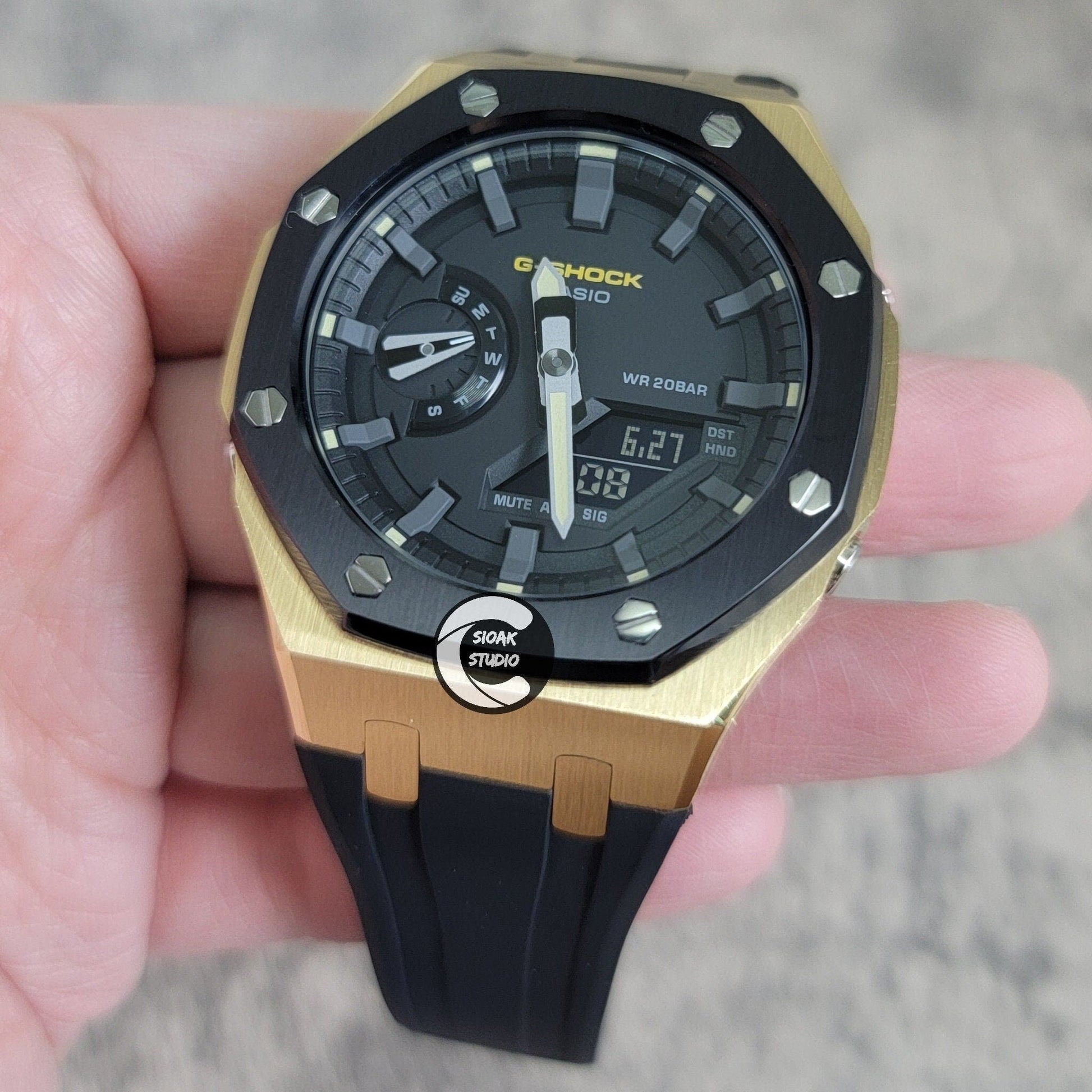 Casioak Mod Watch Black Gold Case Black Rubber Strap Black Black Time Mark Black Dial 44mm- Casioak Mod Casio G-Shock Royal Oak Custom Mens Luxury Watches Ga2100