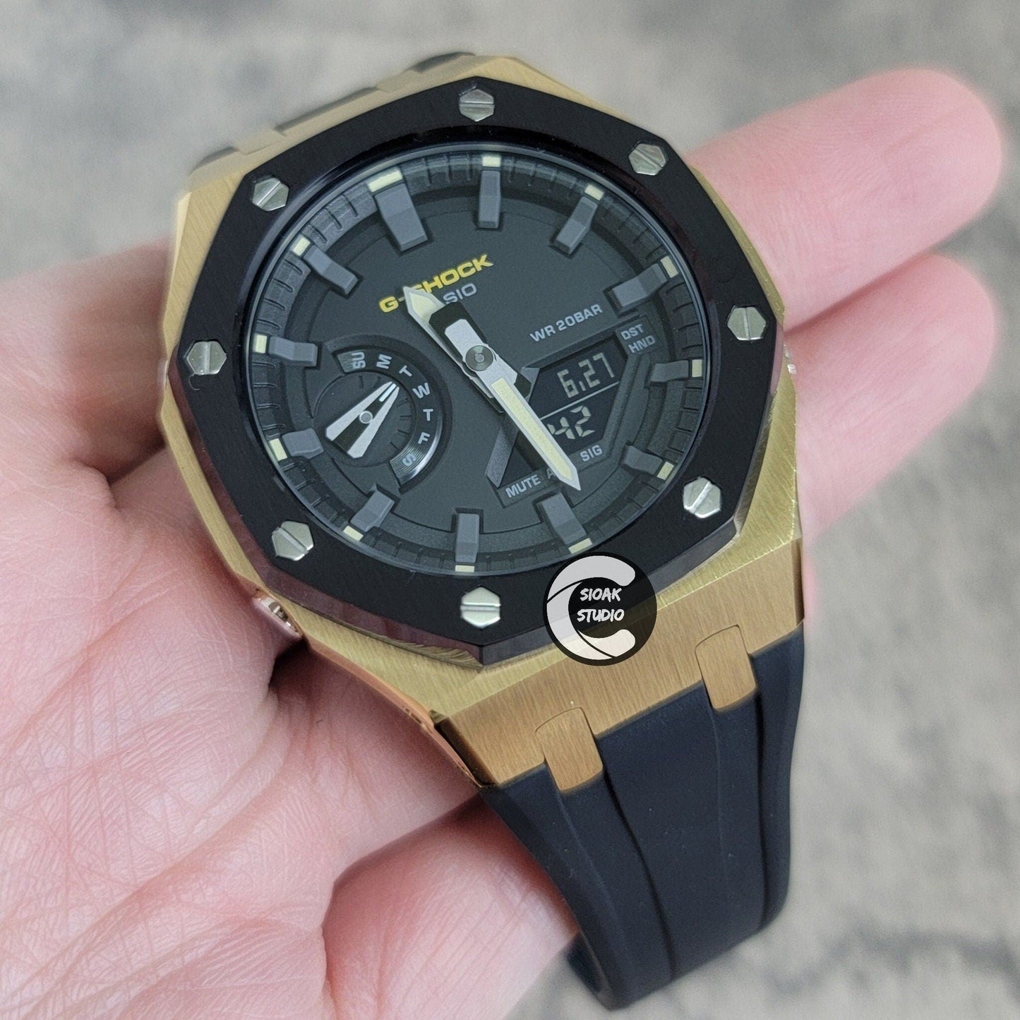 Casioak Mod Watch Black Gold Case Black Rubber Strap Black Black Time Mark Black Dial 44mm- Casioak Mod Casio G-Shock Royal Oak Custom Mens Luxury Watches Ga2100