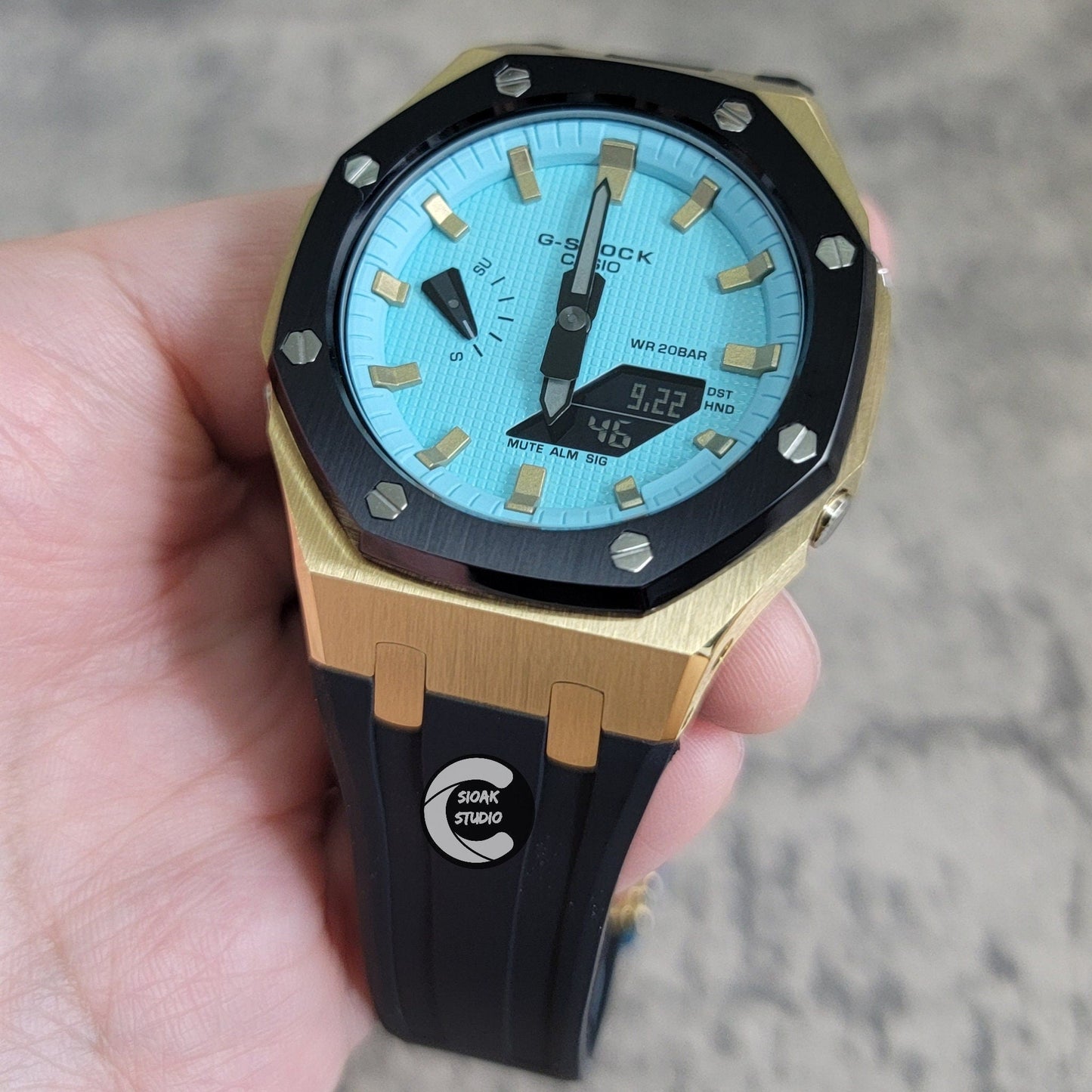 Casioak Mod Watch Black Gold Case Black Rubber Strap Black Gold Time Mark Tiff Blue Dial 44mm- Casioak Mod Casio G-Shock Royal Oak Custom Mens Luxury Watches Ga2100