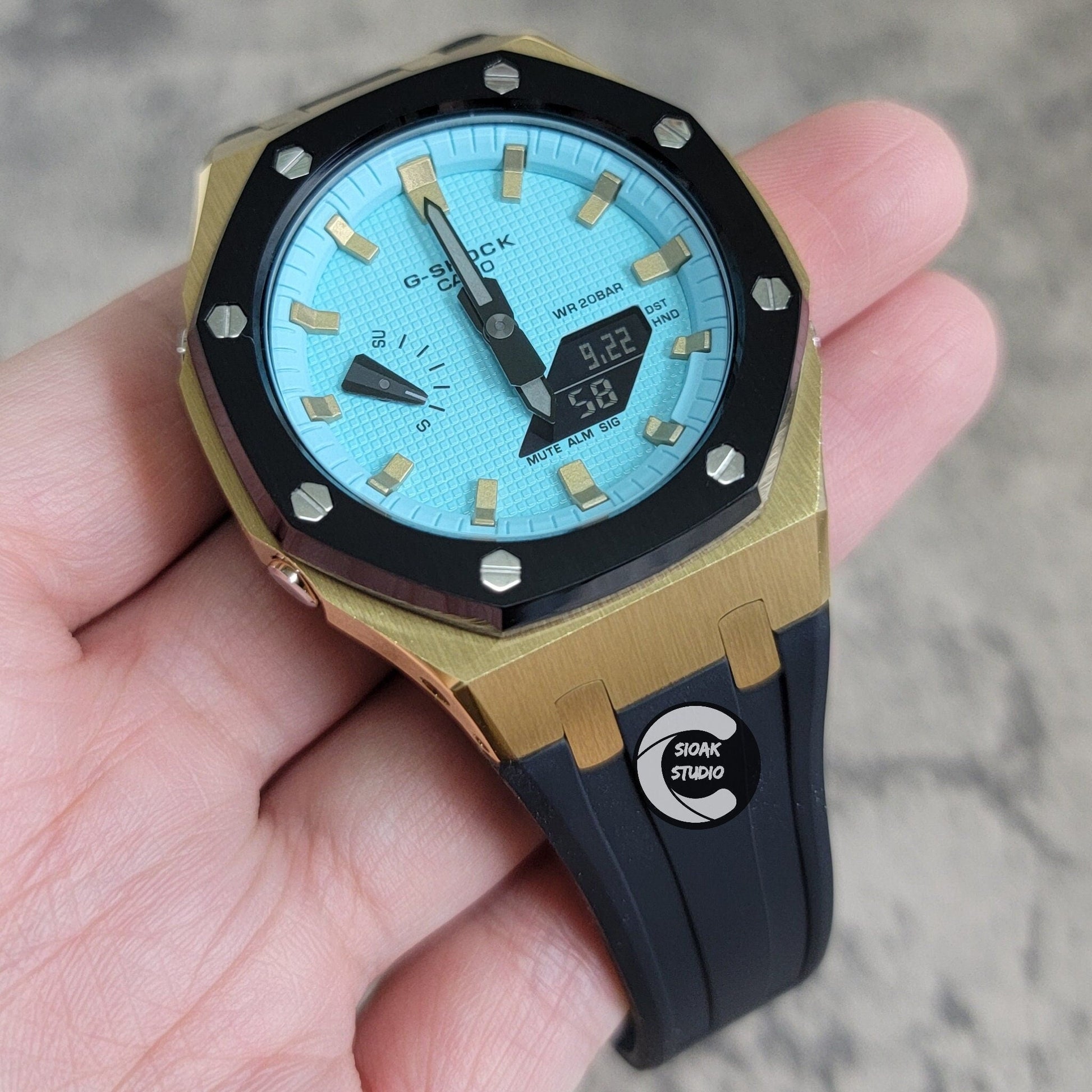 Casioak Mod Watch Black Gold Case Black Rubber Strap Black Gold Time Mark Tiff Blue Dial 44mm- Casioak Mod Casio G-Shock Royal Oak Custom Mens Luxury Watches Ga2100