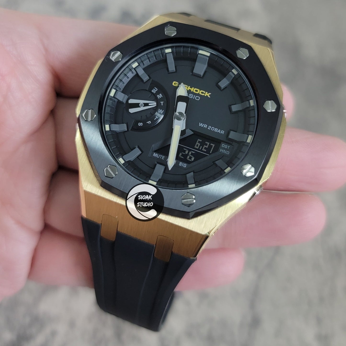 Casioak Mod Watch Black Gold Case Black Rubber Strap Black Gray Time Mark Black Dial 44mm- Casioak Mod Casio G-Shock Royal Oak Custom Mens Luxury Watches Ga2100