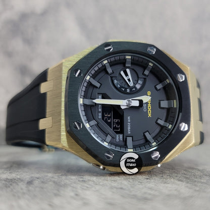 Casioak Mod Watch Black Gold Case Black Rubber Strap Black Gray Time Mark Black Dial 44mm- Casioak Mod Casio G-Shock Royal Oak Custom Mens Luxury Watches Ga2100