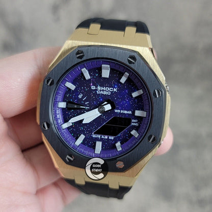 Casioak Mod Watch Black Gold Case Black Rubber Strap Purple Silver Time Mark Purple Dial 44mm- Casioak Mod Casio G-Shock Royal Oak Custom Mens Luxury Watches Ga2100