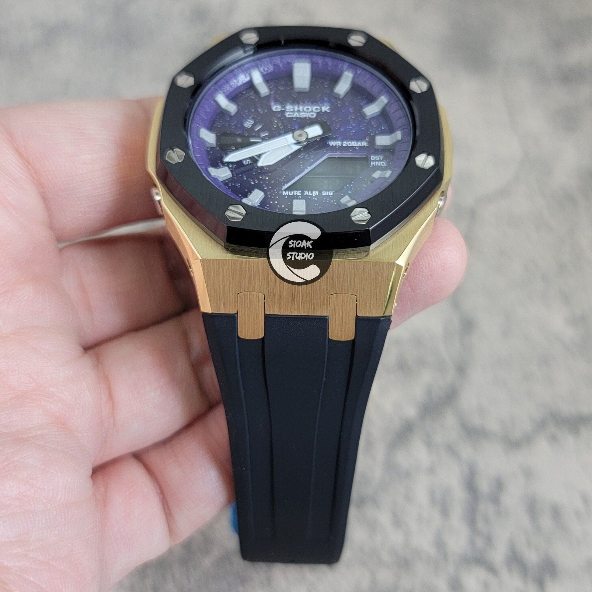 Casioak Mod Watch Black Gold Case Black Rubber Strap Purple Silver Time Mark Purple Dial 44mm- Casioak Mod Casio G-Shock Royal Oak Custom Mens Luxury Watches Ga2100