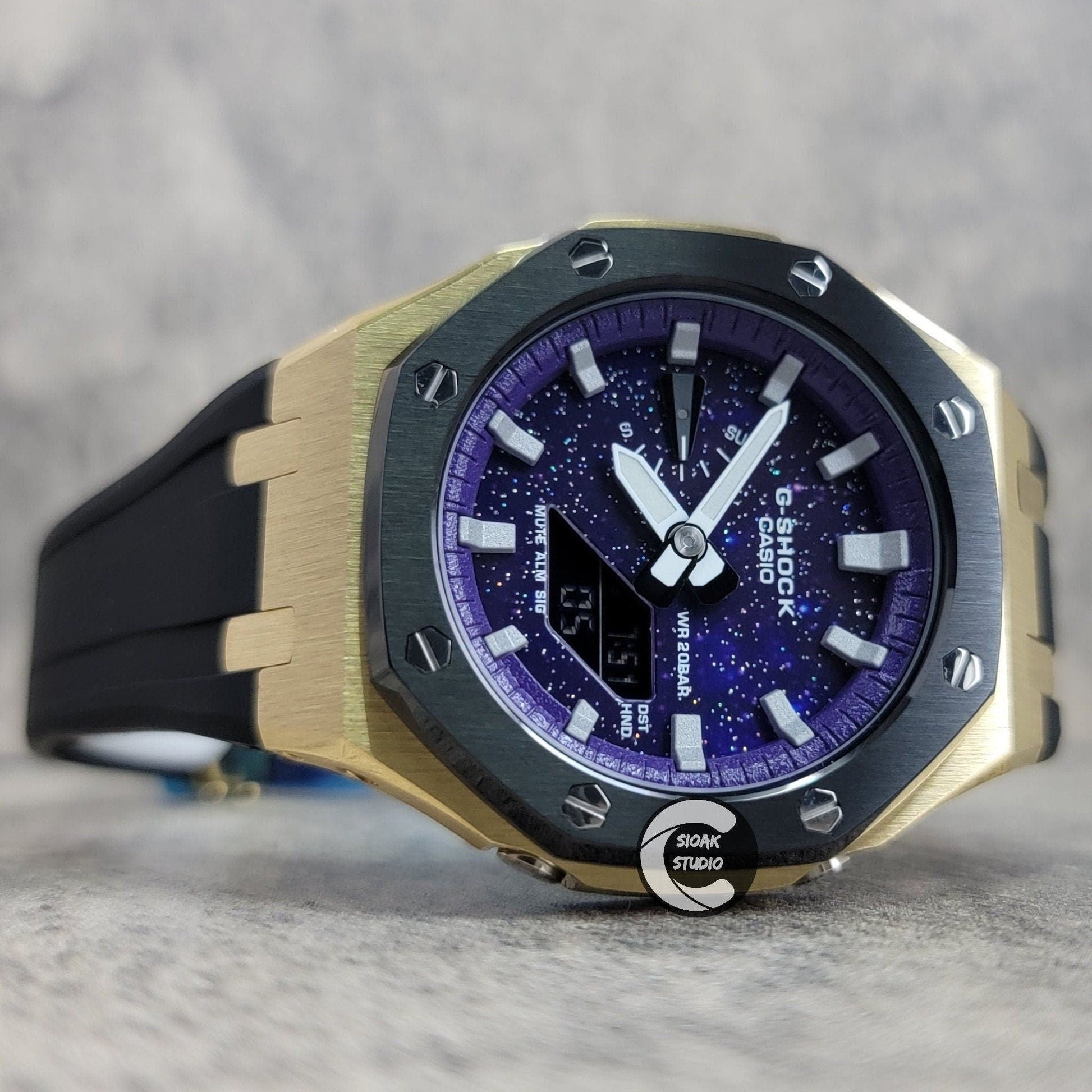 Casioak Mod Watch Black Gold Case Black Rubber Strap Purple Silver Time Mark Purple Dial 44mm- Casioak Mod Casio G-Shock Royal Oak Custom Mens Luxury Watches Ga2100