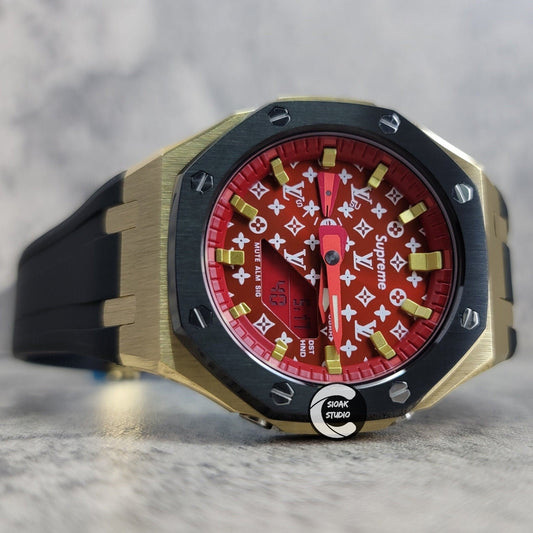 Casioak Mod Watch Black Gold Case Black Rubber Strap Red Gold Time Mark Red Dial 44mm- Casioak Mod Casio G-Shock Royal Oak Custom Mens Luxury Watches Ga2100