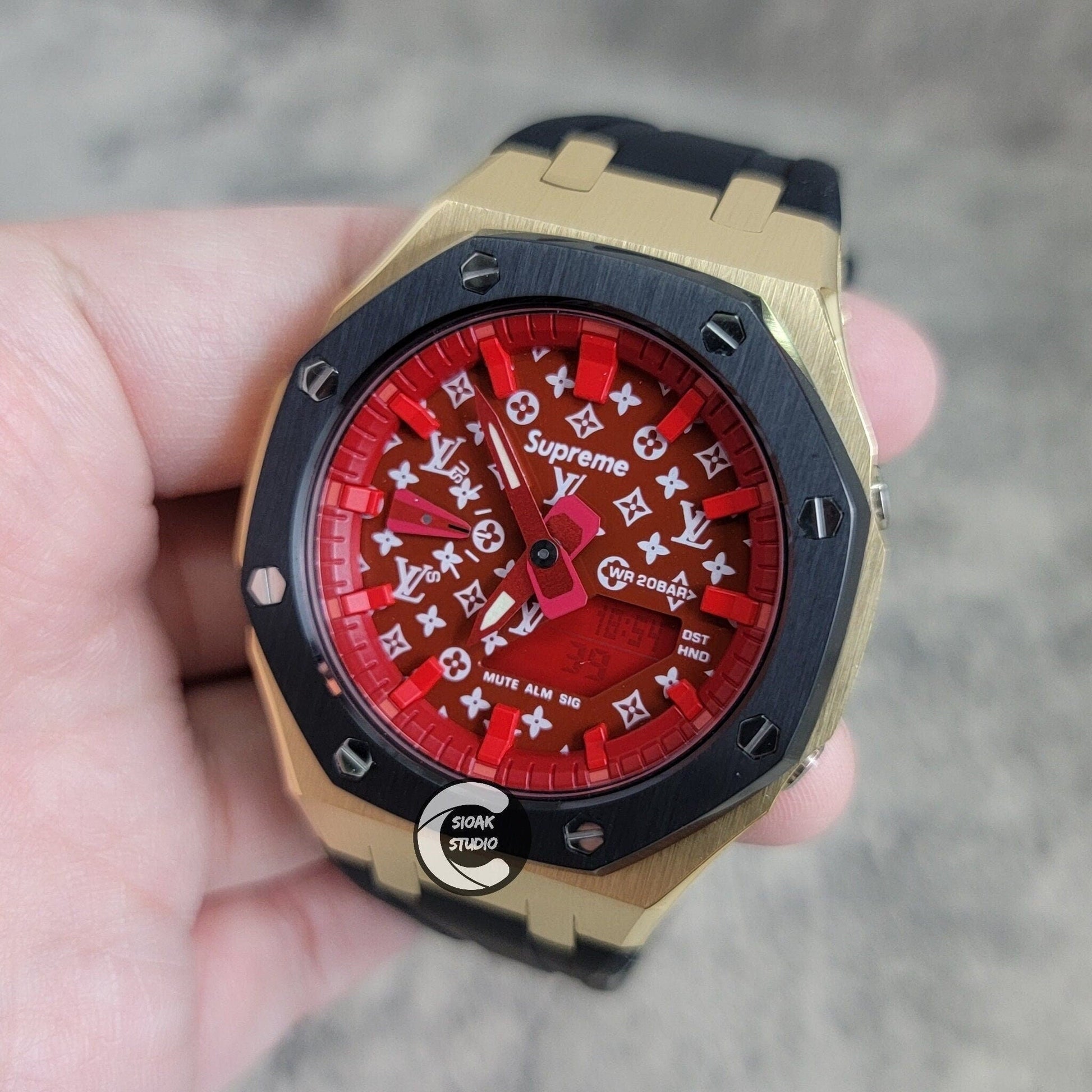 Casioak Mod Watch Black Gold Case Black Rubber Strap Red Time Mark Red Dial 44mm- Casioak Mod Casio G-Shock Royal Oak Custom Mens Luxury Watches Ga2100