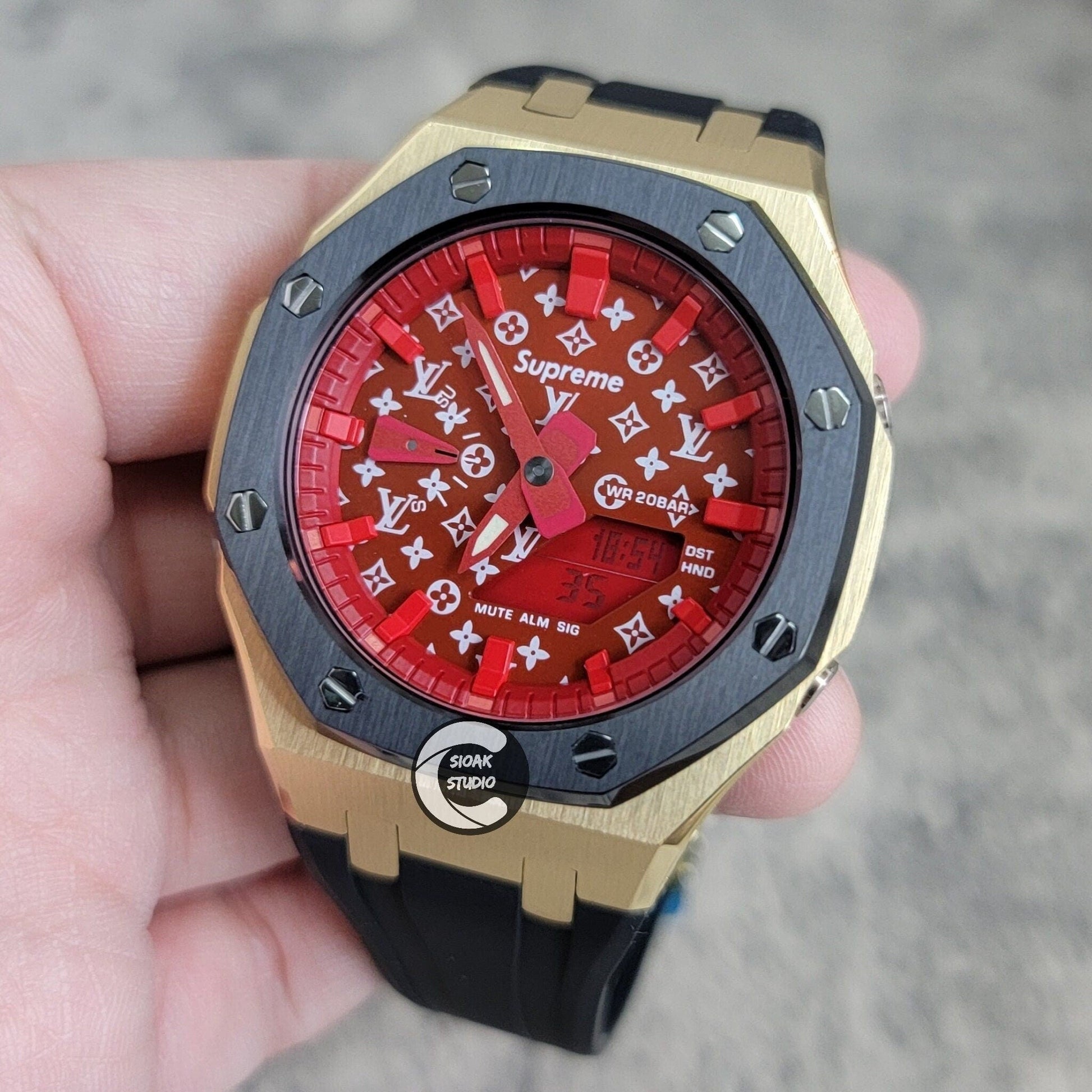 Casioak Mod Watch Black Gold Case Black Rubber Strap Red Time Mark Red Dial 44mm- Casioak Mod Casio G-Shock Royal Oak Custom Mens Luxury Watches Ga2100