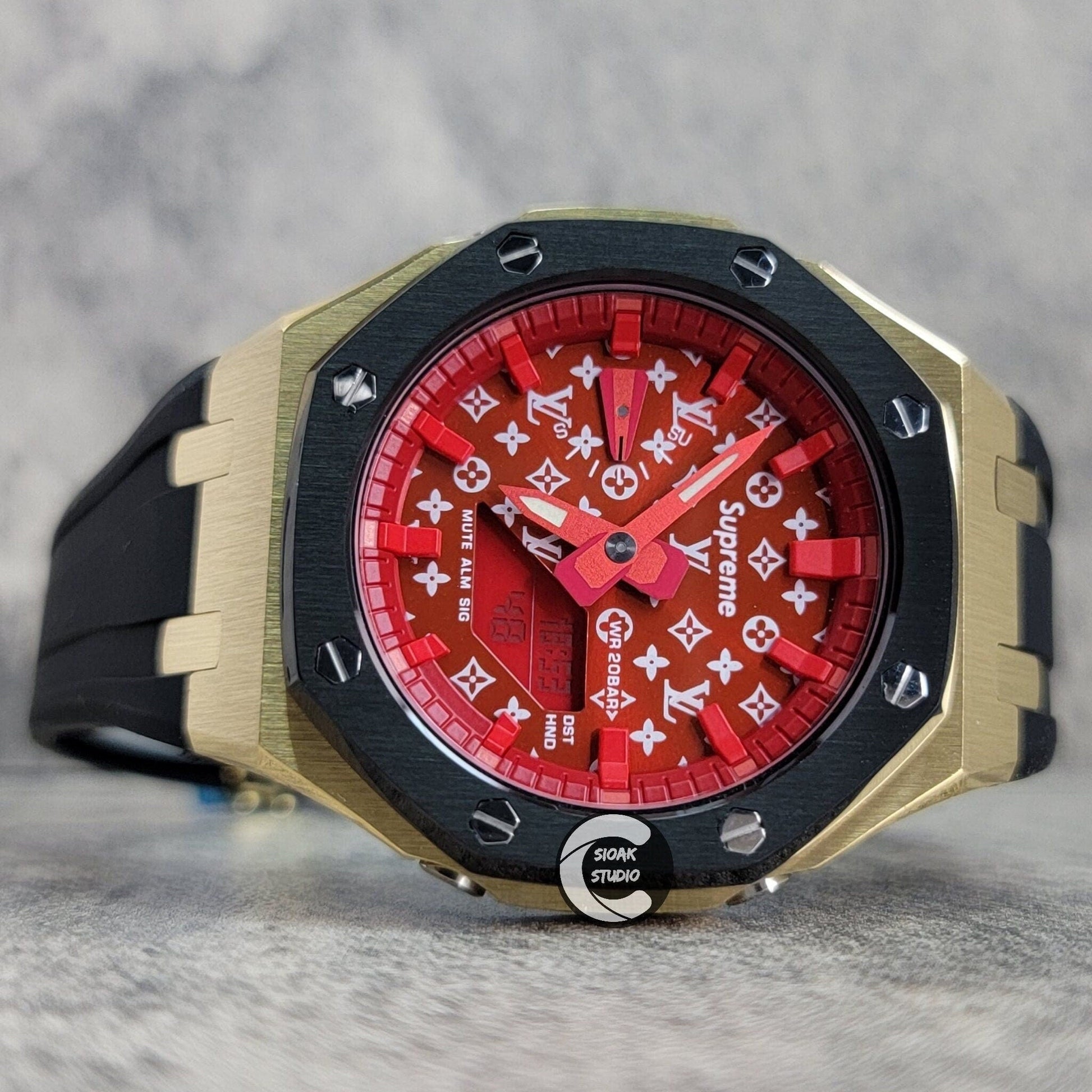 Casioak Mod Watch Black Gold Case Black Rubber Strap Red Time Mark Red Dial 44mm- Casioak Mod Casio G-Shock Royal Oak Custom Mens Luxury Watches Ga2100