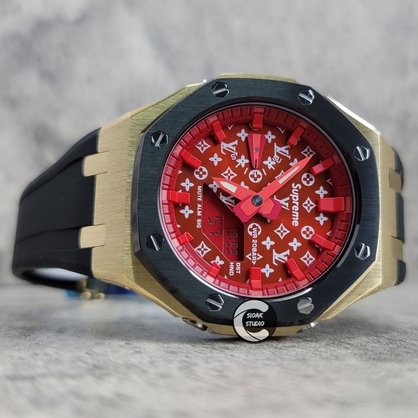 Casioak Mod Watch Black Gold Case Black Rubber Strap Red Time Mark Red Dial 44mm- Casioak Mod Casio G-Shock Royal Oak Custom Mens Luxury Watches Ga2100