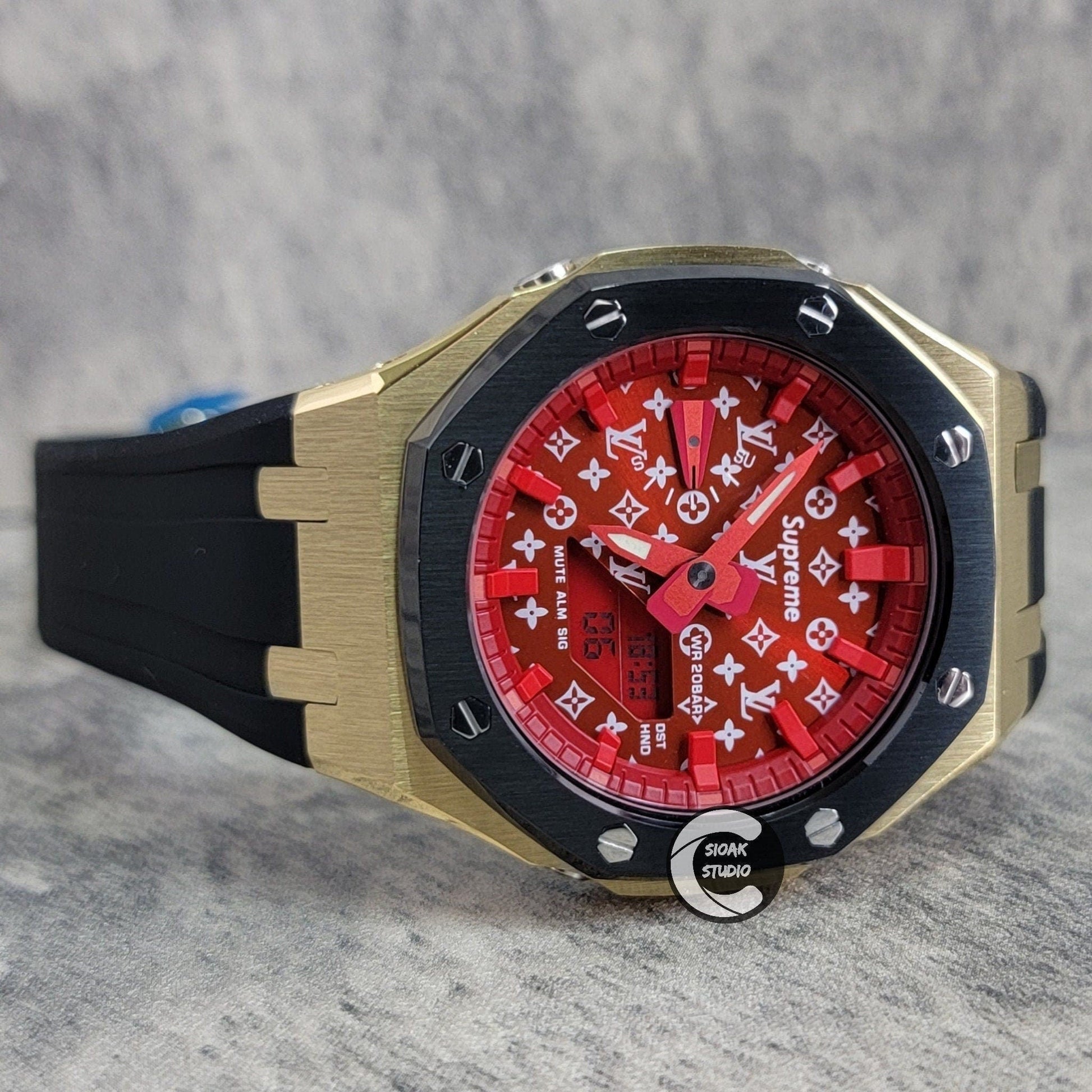 Casioak Mod Watch Black Gold Case Black Rubber Strap Red Time Mark Red Dial 44mm- Casioak Mod Casio G-Shock Royal Oak Custom Mens Luxury Watches Ga2100