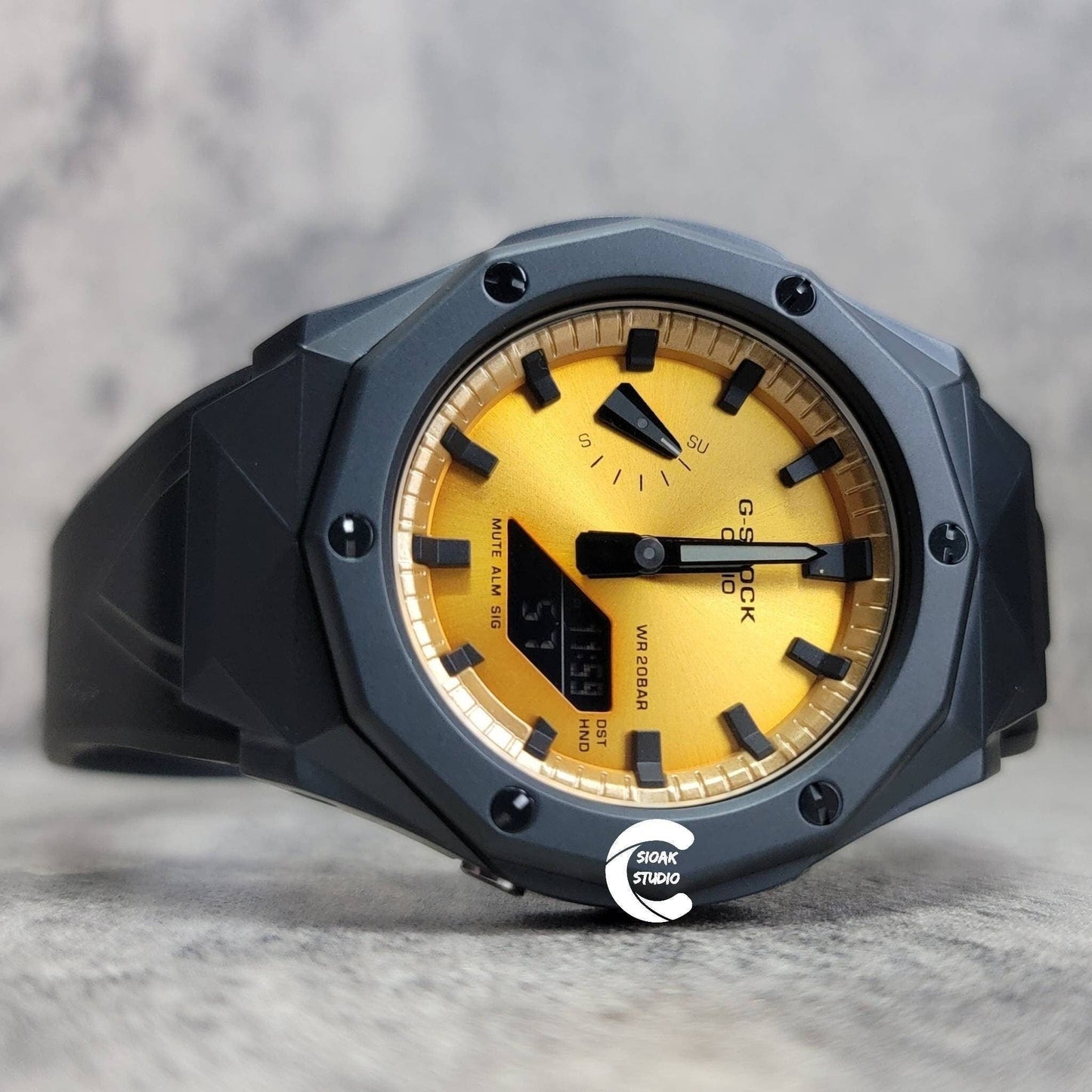 Casioak Mod Watch Black HB Case Black Gold Black Time Mark Gold Dial 44mm- Casioak Mod Casio G-Shock Royal Oak Custom Mens Luxury Watches Ga2100