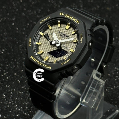 Casioak Mod Watch Black Plastic Case Black Strap Black Gold Time Mark Gray Dial 44mm- Casioak Mod Casio G-Shock Royal Oak Custom Mens Luxury Watches Ga2100