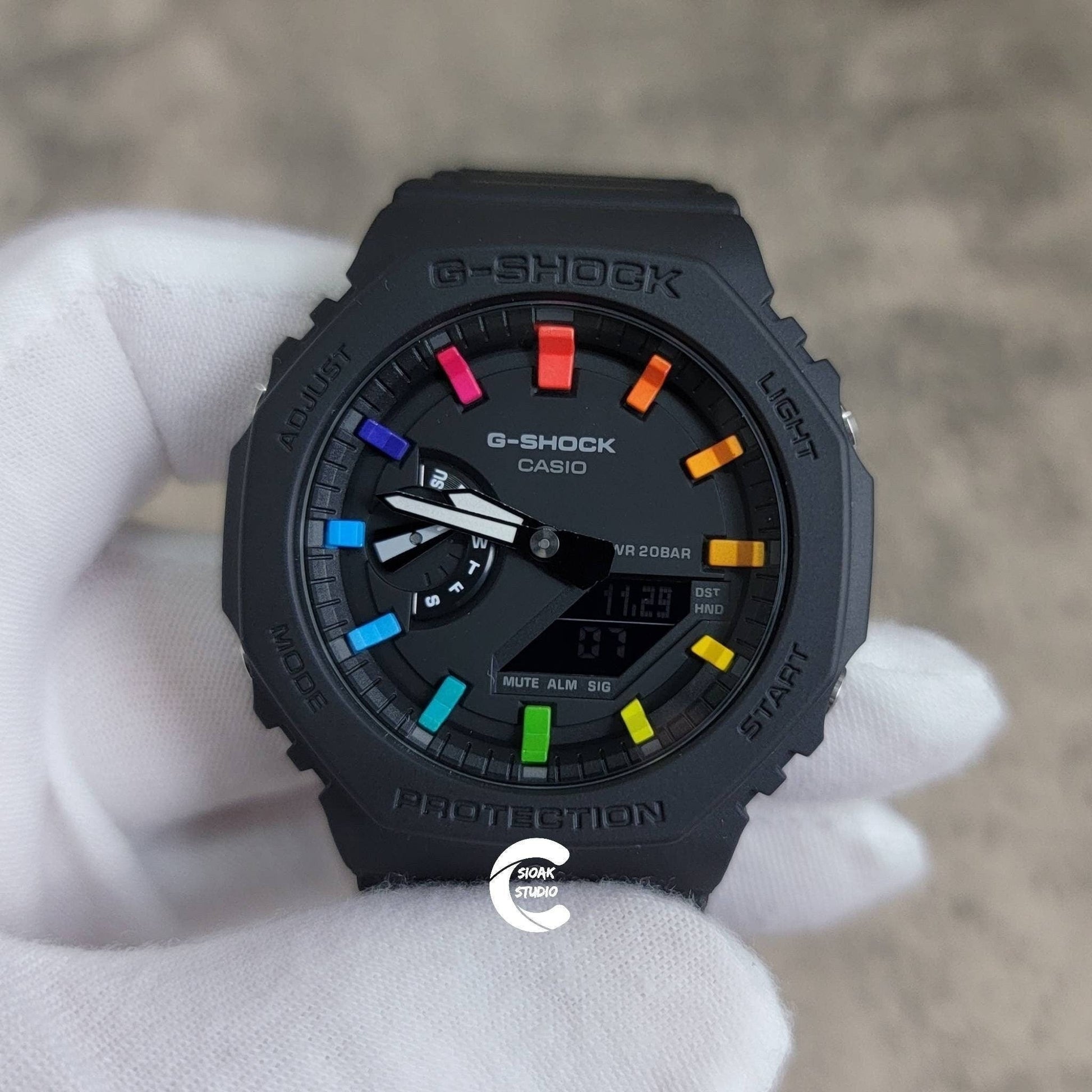 Casioak Mod Watch Black Plastic Case Black Strap Black Rainbow Time Mark Black Dial 44mm- Casioak Mod Casio G-Shock Royal Oak Custom Mens Luxury Watches Ga2100