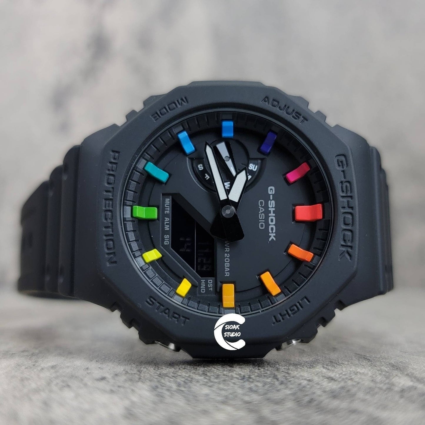 Casioak Mod Watch Black Plastic Case Black Strap Black Rainbow Time Mark Black Dial 44mm- Casioak Mod Casio G-Shock Royal Oak Custom Mens Luxury Watches Ga2100