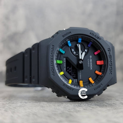 Casioak Mod Watch Black Plastic Case Black Strap Black Rainbow Time Mark Black Dial 44mm- Casioak Mod Casio G-Shock Royal Oak Custom Mens Luxury Watches Ga2100