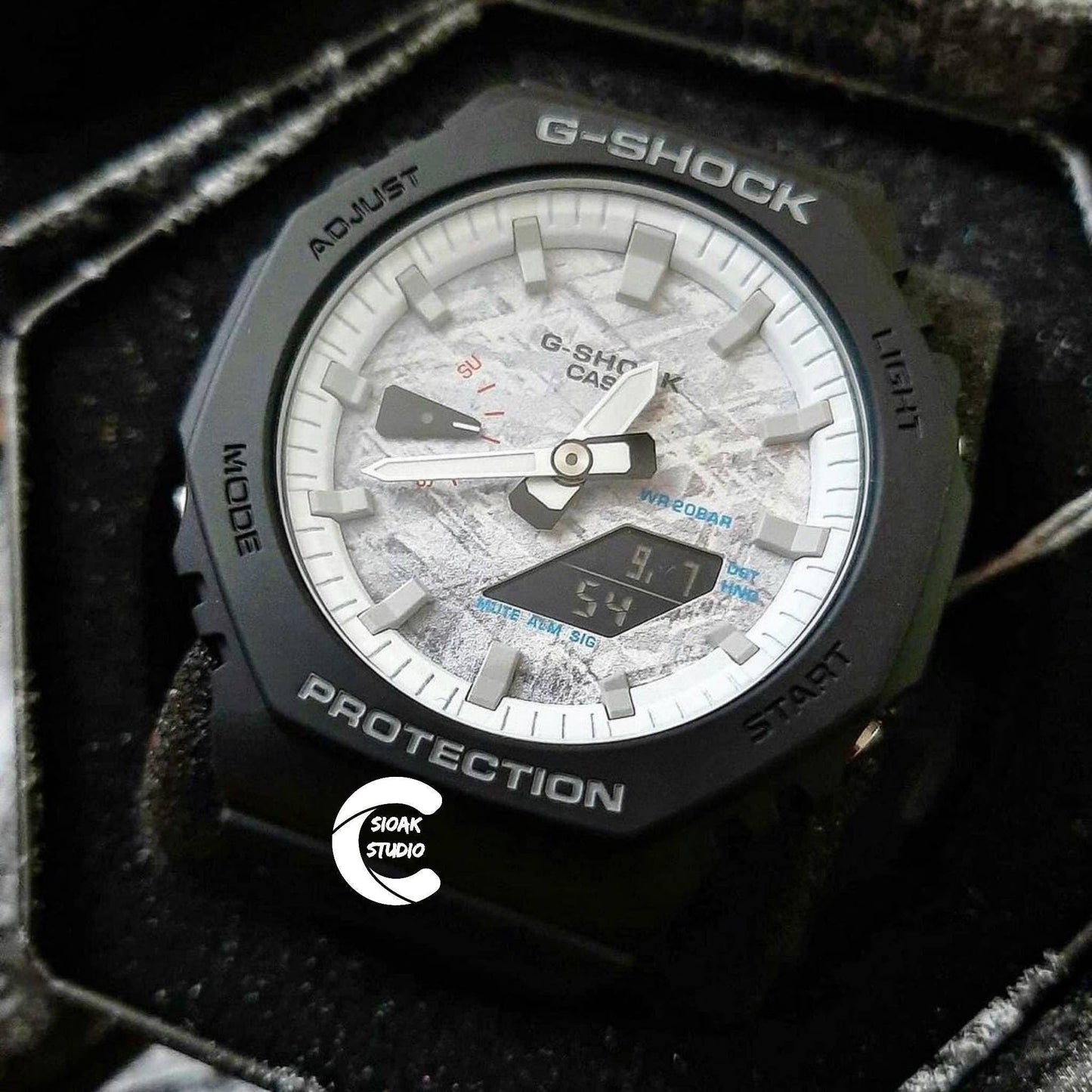 Casioak Mod Watch Black Plastic Case Black Strap White Light Gray Time Mark Meteorite Dial 44mm- Casioak Mod Casio G-Shock Royal Oak Custom Mens Luxury Watches Ga2100