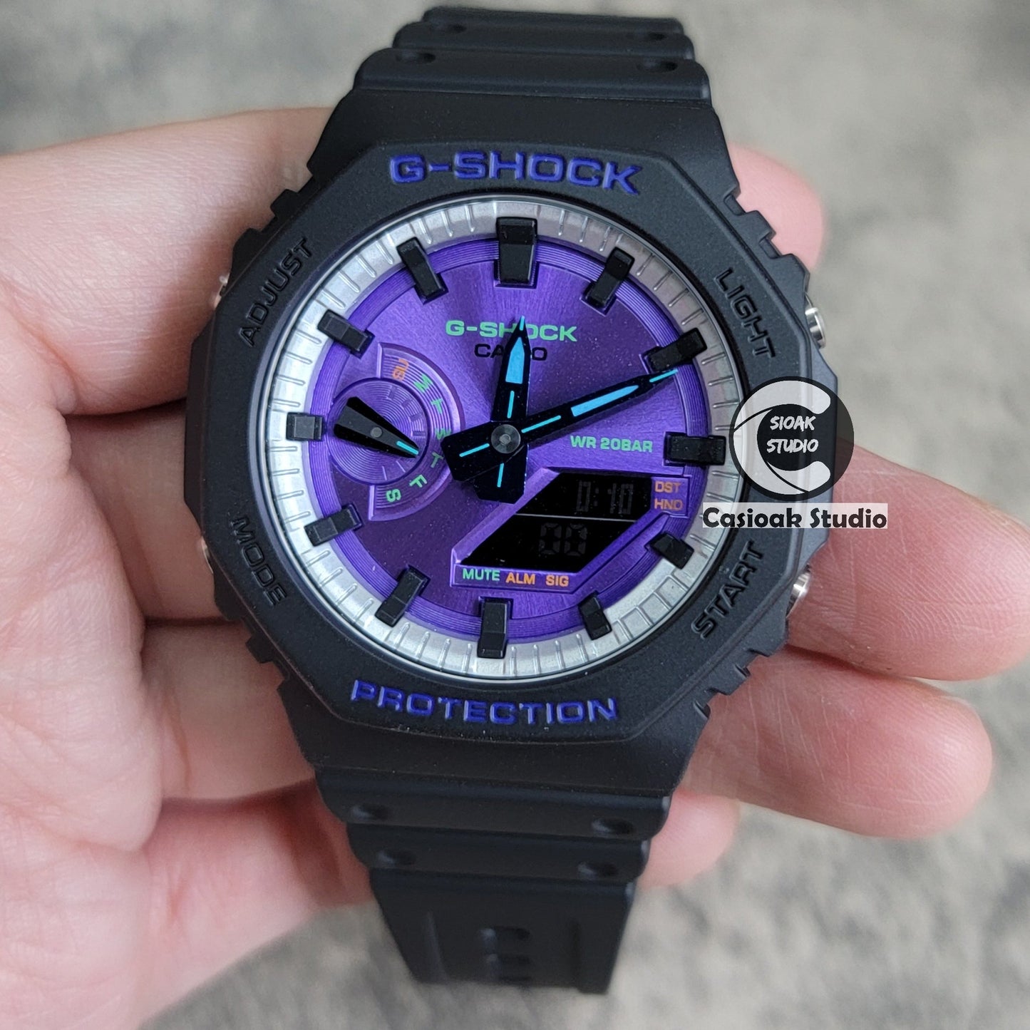 Casioak Mod Watch Black Plastic Case Strap Silver Black Time Mark Purple Dial 44mm- Casioak Mod Casio G-Shock Royal Oak Custom Mens Luxury Watches Ga2100