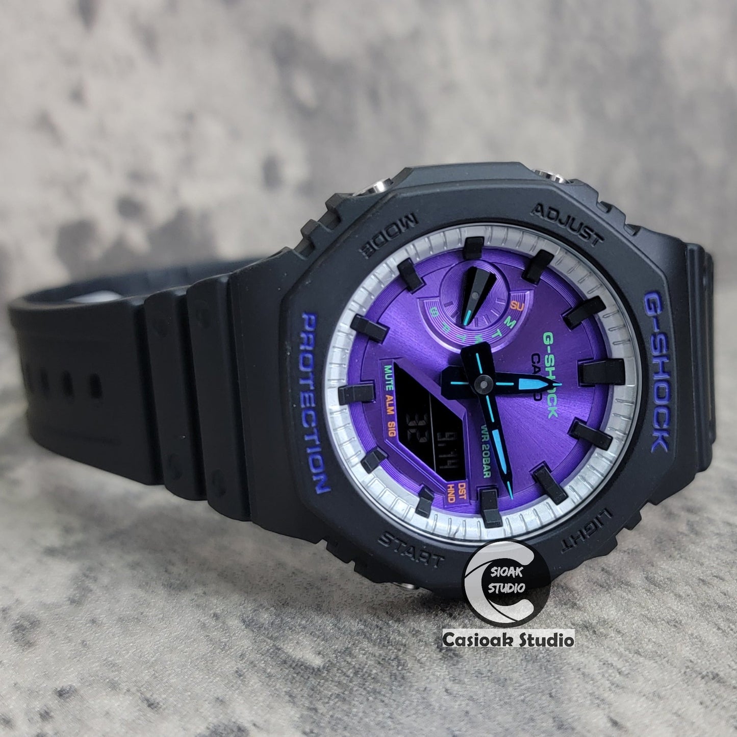 Casioak Mod Watch Black Plastic Case Strap Silver Black Time Mark Purple Dial 44mm- Casioak Mod Casio G-Shock Royal Oak Custom Mens Luxury Watches Ga2100