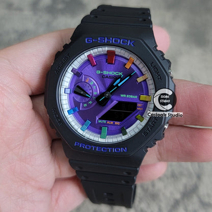 Casioak Mod Watch Black Plastic Case Strap Silver Rainbow Time Mark Purple Dial 44mm- Casioak Mod Casio G-Shock Royal Oak Custom Mens Luxury Watches Ga2100