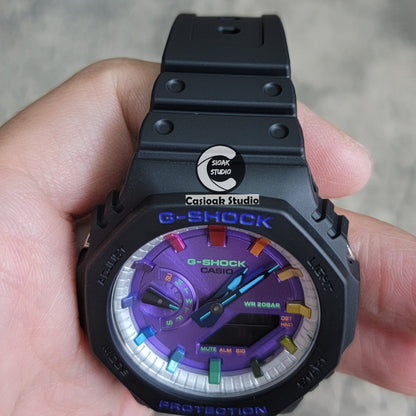 Casioak Mod Watch Black Plastic Case Strap Silver Rainbow Time Mark Purple Dial 44mm- Casioak Mod Casio G-Shock Royal Oak Custom Mens Luxury Watches Ga2100