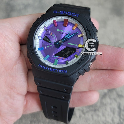 Casioak Mod Watch Black Plastic Case Strap Silver Rainbow Time Mark Purple Dial 44mm- Casioak Mod Casio G-Shock Royal Oak Custom Mens Luxury Watches Ga2100