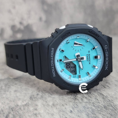 Casioak Mod Watch Black Plastic Case Strap Tiff white Time Mark Tiff Blue Dial 42mm- Casioak Mod Casio G-Shock Royal Oak Custom Mens Luxury Watches Ga2100