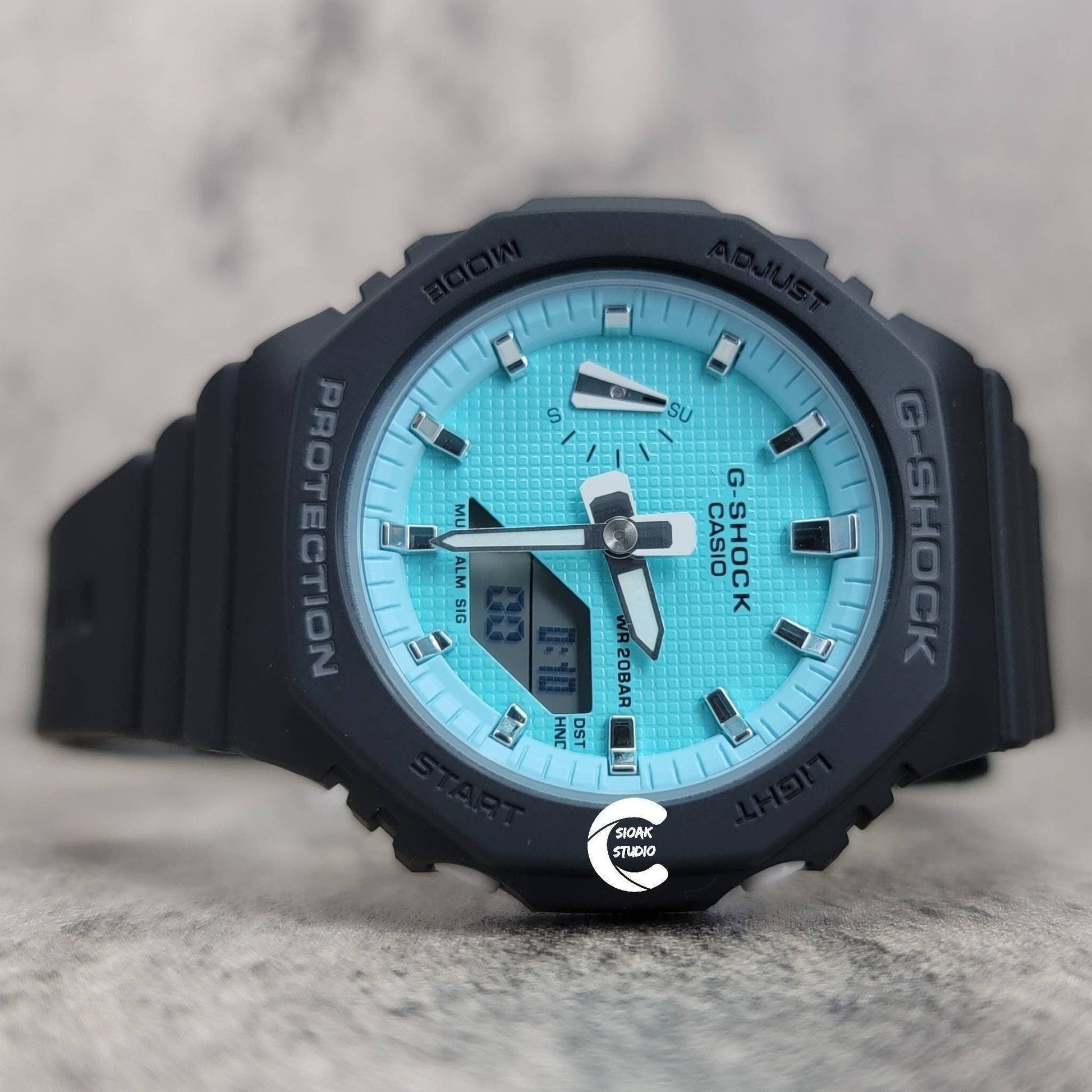 Casioak Mod Watch Black Plastic Case Strap Tiff white Time Mark Tiff Blue Dial 42mm- Casioak Mod Casio G-Shock Royal Oak Custom Mens Luxury Watches Ga2100