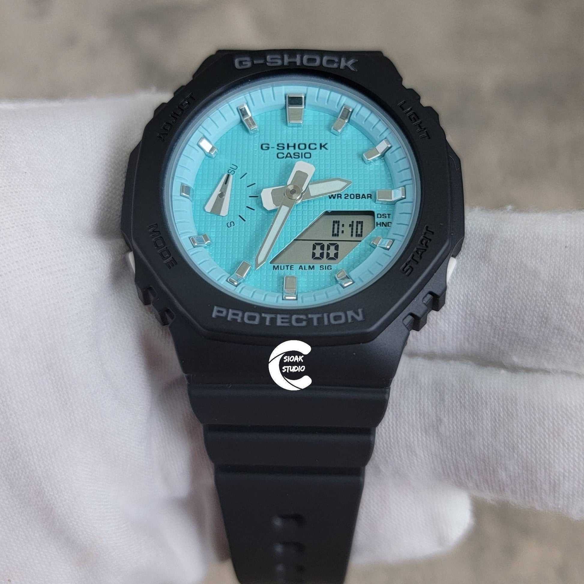 Casioak Mod Watch Black Plastic Case Strap Tiff white Time Mark Tiff Blue Dial 42mm- Casioak Mod Casio G-Shock Royal Oak Custom Mens Luxury Watches Ga2100