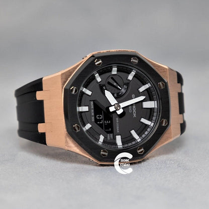 Casioak Mod Watch Black Rose Gold Case Black Rubber Strap Black Light Gray Time Mark Black Dial 44mm- Casioak Mod Casio G-Shock Royal Oak Custom Mens Luxury Watches Ga2100