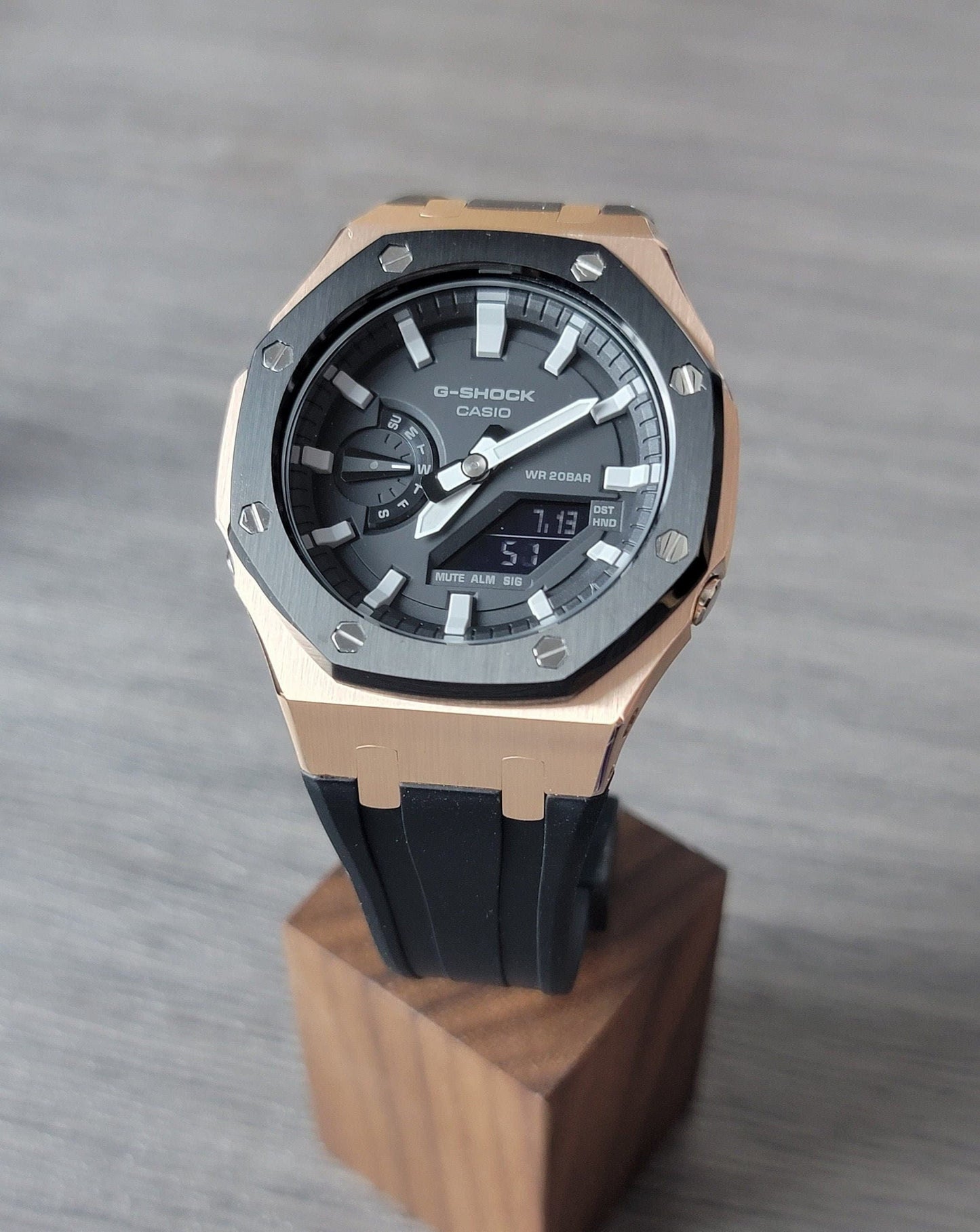 Casioak Mod Watch Black Rose Gold Case Black Rubber Strap Black Light Gray Time Mark Black Dial 44mm- Casioak Mod Casio G-Shock Royal Oak Custom Mens Luxury Watches Ga2100