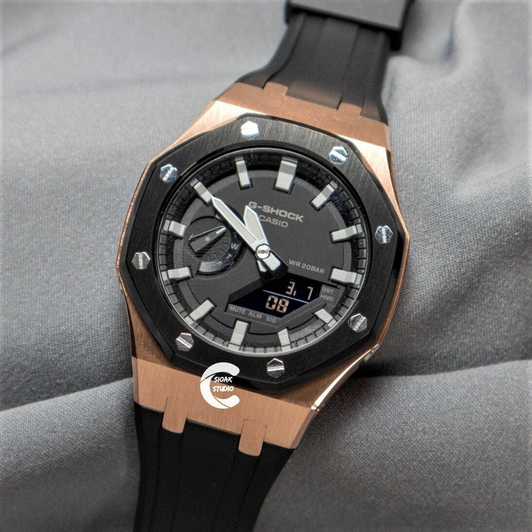 Casioak Mod Watch Black Rose Gold Case Black Rubber Strap Black Light Gray Time Mark Black Dial 44mm- Casioak Mod Casio G-Shock Royal Oak Custom Mens Luxury Watches Ga2100