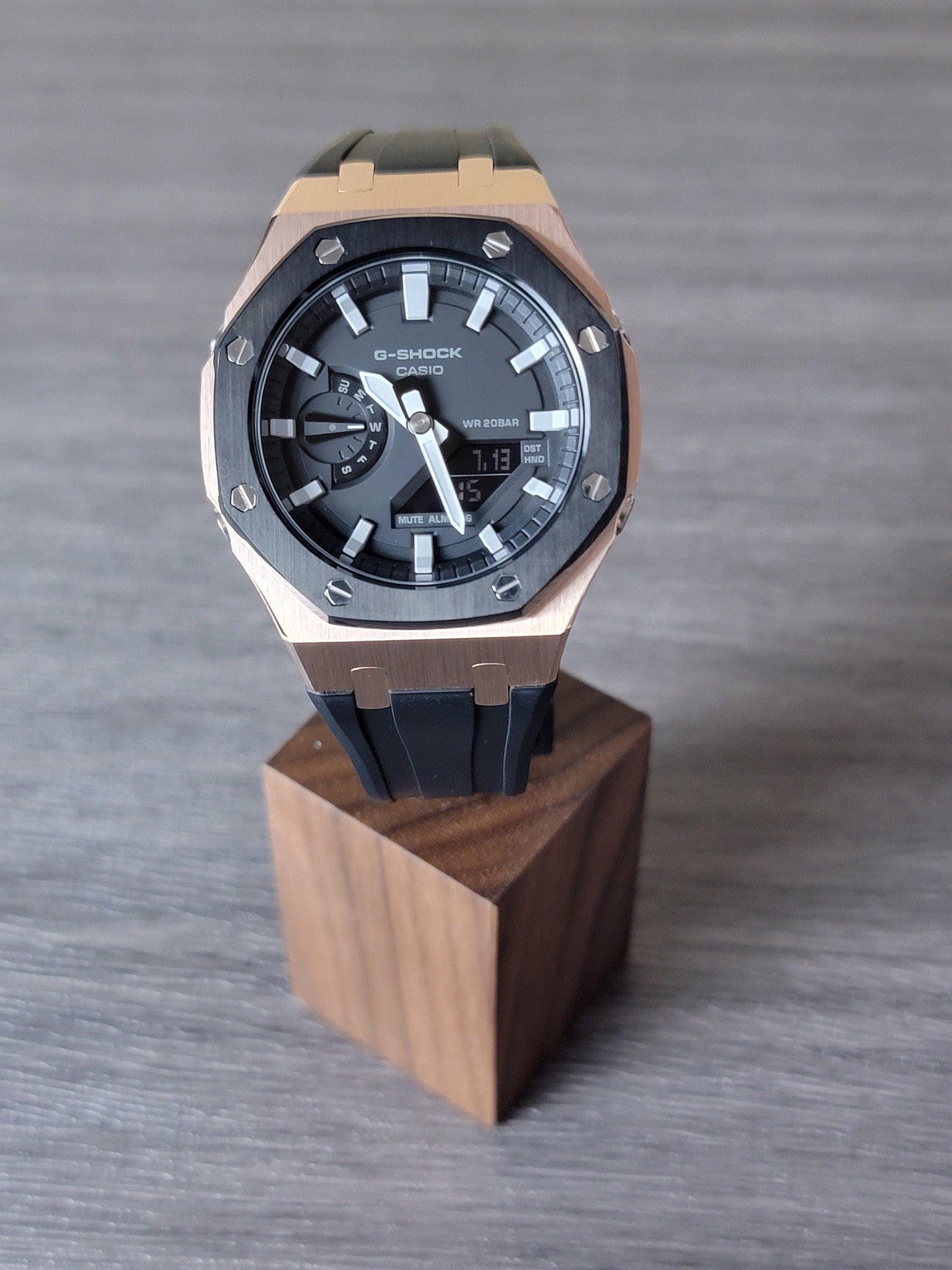 Casioak Mod Watch Black Rose Gold Case Black Rubber Strap Black Light Gray Time Mark Black Dial 44mm- Casioak Mod Casio G-Shock Royal Oak Custom Mens Luxury Watches Ga2100