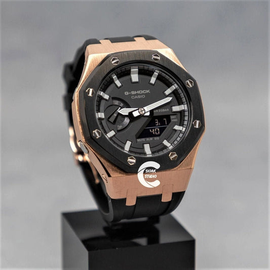 Casioak Mod Watch Black Rose Gold Case Black Rubber Strap Black Light Gray Time Mark Black Dial 44mm- Casioak Mod Casio G-Shock Royal Oak Custom Mens Luxury Watches Ga2100