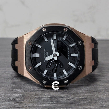 Casioak Mod Watch Black Rose Gold Case Black Rubber Strap Black Light Gray Time Mark Black Dial 44mm- Casioak Mod Casio G-Shock Royal Oak Custom Mens Luxury Watches Ga2100