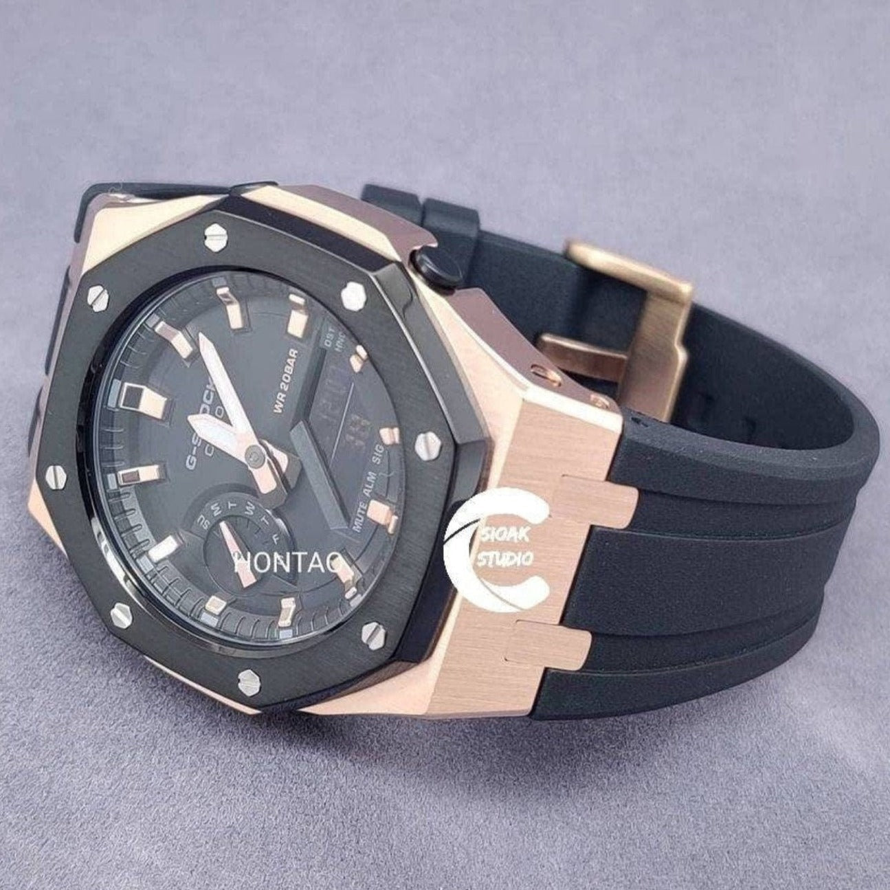 Casioak Mod Watch Black Rose Gold Case Black Rubber Strap Black Rose Gold Time Mark Black Dial 42mm- Casioak Mod Casio G-Shock Royal Oak Custom Mens Luxury Watches Ga2100