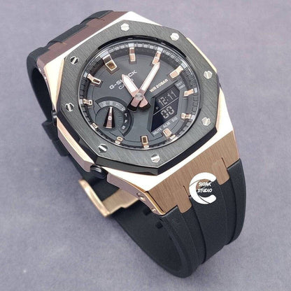 Casioak Mod Watch Black Rose Gold Case Black Rubber Strap Black Rose Gold Time Mark Black Dial 44mm- Casioak Mod Casio G-Shock Royal Oak Custom Mens Luxury Watches Ga2100