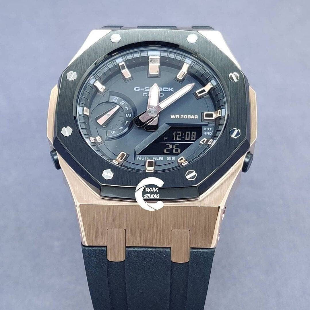 Casioak Mod Watch Black Rose Gold Case Black Rubber Strap Black Rose Gold Time Mark Black Dial 44mm- Casioak Mod Casio G-Shock Royal Oak Custom Mens Luxury Watches Ga2100