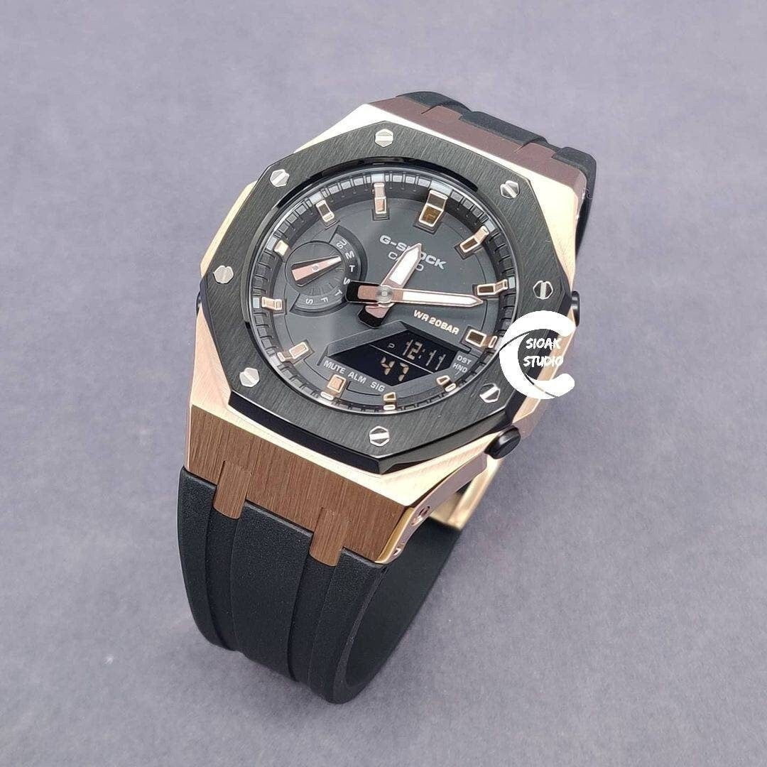 Casioak Mod Watch Black Rose Gold Case Black Rubber Strap Black Rose Gold Time Mark Black Dial 44mm- Casioak Mod Casio G-Shock Royal Oak Custom Mens Luxury Watches Ga2100