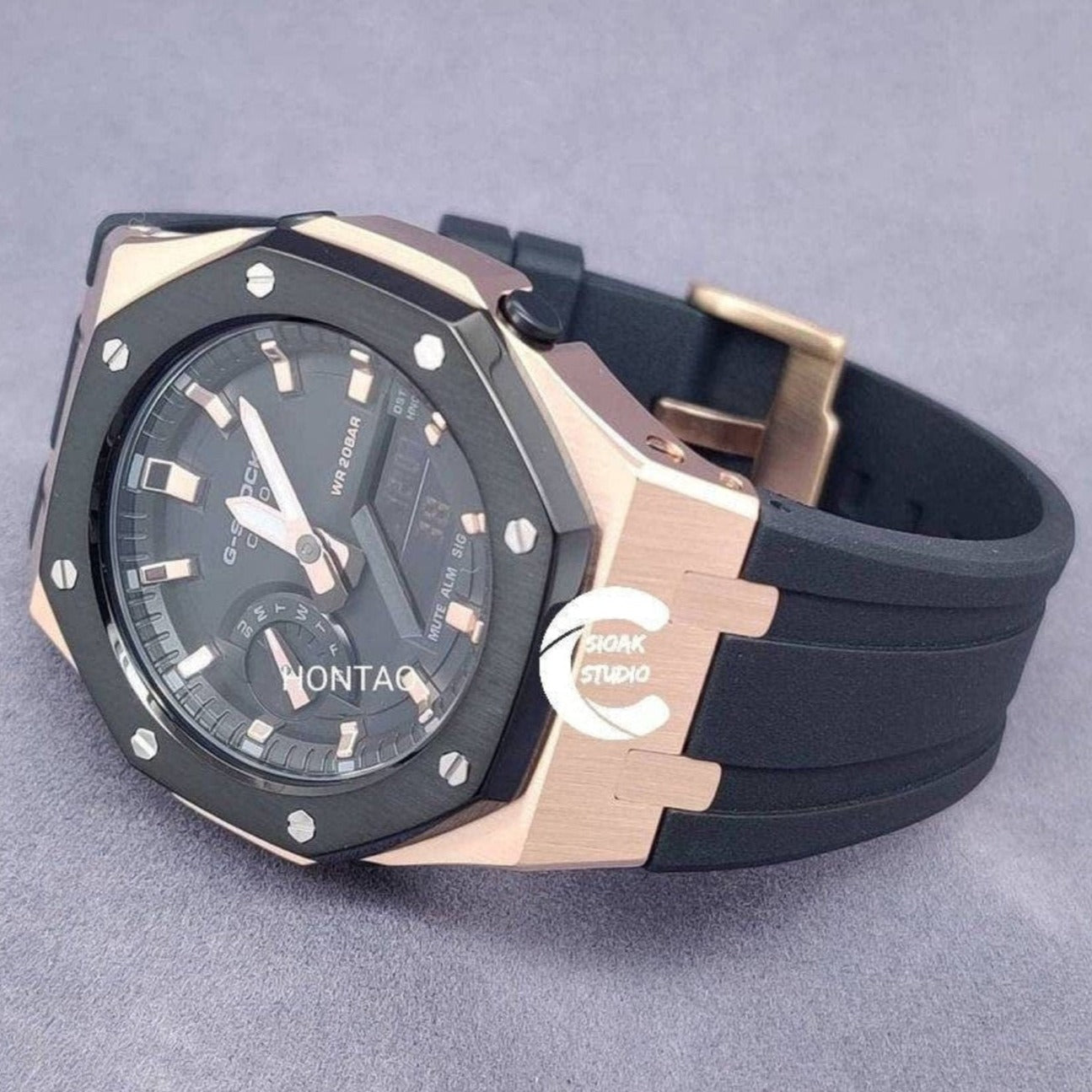 Casioak Mod Watch Black Rose Gold Case Black Rubber Strap Black Rose Gold Time Mark Black Dial 44mm- Casioak Mod Casio G-Shock Royal Oak Custom Mens Luxury Watches Ga2100