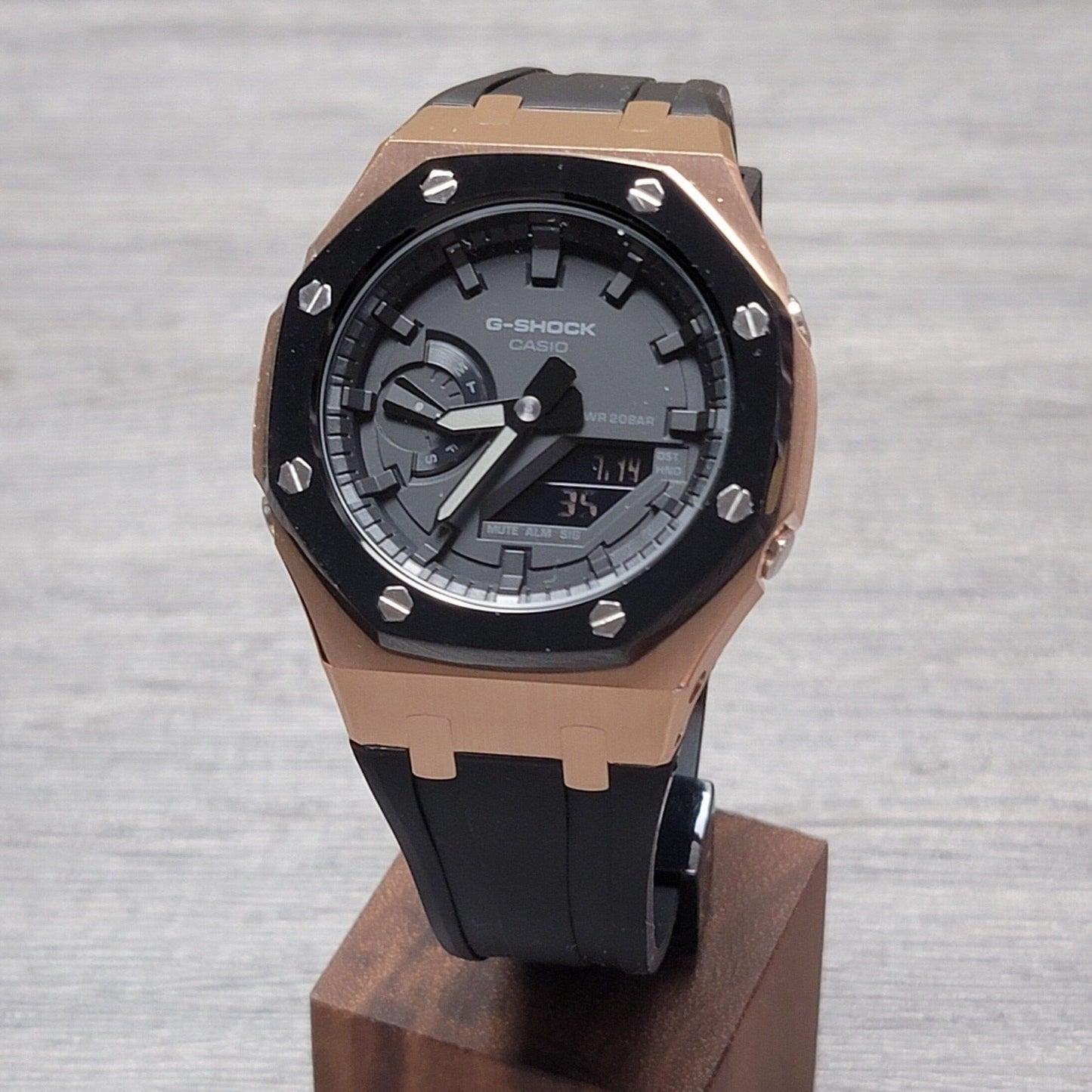 Casioak Mod Watch Black Rose Gold Case Black Rubber Strap Black Time Mark Black Dial 44mm- Casioak Mod Casio G-Shock Royal Oak Custom Mens Luxury Watches Ga2100