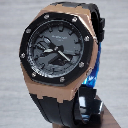 Casioak Mod Watch Black Rose Gold Case Black Rubber Strap Black Time Mark Black Dial 44mm- Casioak Mod Casio G-Shock Royal Oak Custom Mens Luxury Watches Ga2100