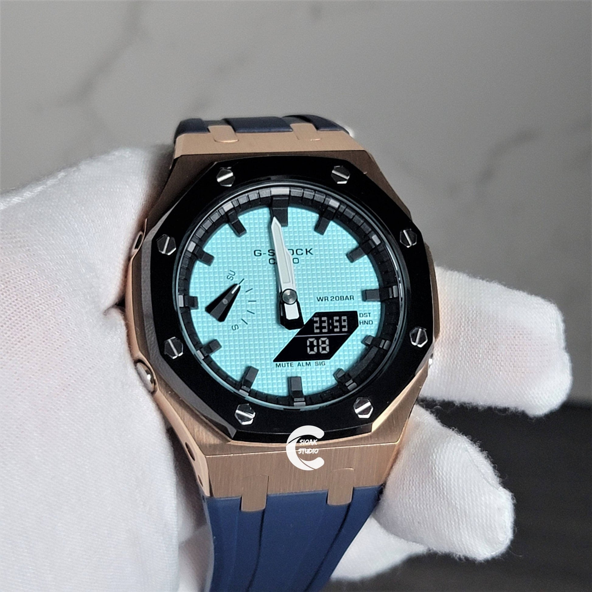 Casioak Mod Watch Black Rose Gold Case Black Rubber Strap Black Time Mark Tiff Blue Dial 44mm- Casioak Mod Casio G-Shock Royal Oak Custom Mens Luxury Watches Ga2100